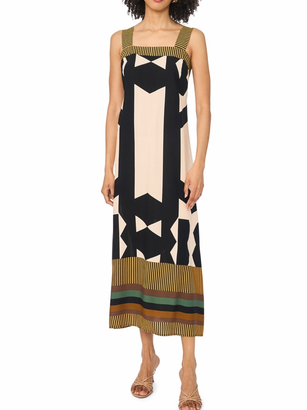 Vince Camuto Black, Cream and Olive Geometric Maxi Dress
